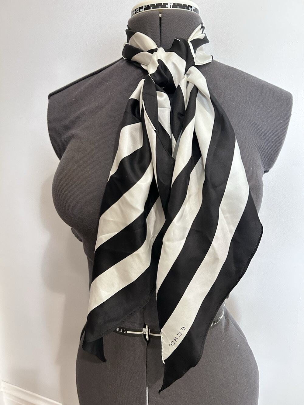 Classic Echo 100% Silk Long Scarf Black & White Striped Pattern Hand Rolled Edge